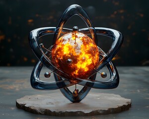Poster - detailed cutaway model of a technetium atom highlighting its inner structure and electron to illustr
