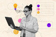 © deagreez - Composite photo collage of serious businesswoman freelancer girl hold laptop light bulb idea finding tab isolated on painted background
