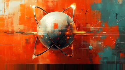 Poster - Imaginative and futuristic interpretation of a technetium atom exploring its critical role in diagnostic imaging through bold colors geometric forms and a visually striking abstract composition