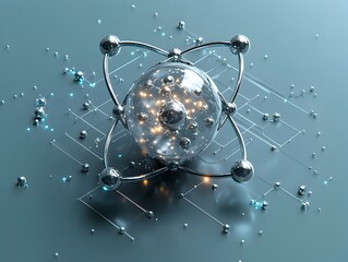 Poster - cutaway visualization of a technetium atom showcasing its electron and diverse applications in medic
