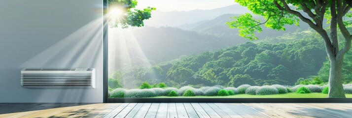 Poster - Air conditioner installed on wall with sunlit view through opened window showcasing mountain scenery and greenery in daylight. Generative AI