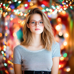 Wall Mural - A woman with glasses is standing in front of a Christmas tree