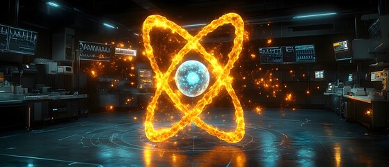 Poster - intricate 3d representation of a technetium atom showcasing its electron structure and applications 
