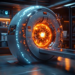 Poster - Technetium Atom 3D Visualization Showcasing Electron Simulation MRI Machine Components and Applications in Medical Imaging and Radiopharmaceutical Research