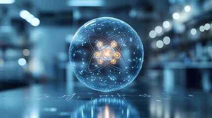 Poster - highly detailed 3d model of technetium atom showcasing electron and medical imaging applications cut