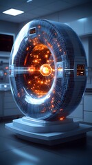Poster - Cinematic 3D Representation of a Technetium Atom Showcasing its Electron Dynamics and Innovative Applications in Medical Imaging and Nuclear Medicine Diagnostics