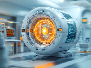 Poster - Detailed 3D Representation of a Technetium Atom Showcasing its Electron Structure and Applications in Medical Imaging Technology  Dynamic Cutaway Model with Rotating Electrons