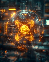 Poster - detailed 3d representation of a technetium atom showcasing its electron structure and diverse applic