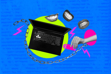 Aufkleber - Composite trend artwork sketch image photo collage of hand hold flash drive data device laptop hacker spy mouth lips talk rumor chain