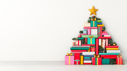Poster - Colorful holiday gifts arranged as a Christmas tree against a plain wall for festive decoration