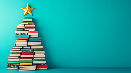 Poster - Festive book stack arranged to resemble a Christmas tree against a teal background with a golden star on top