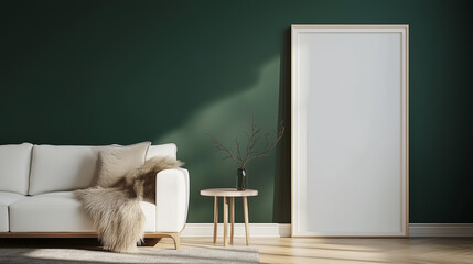 Poster - stylish modern living room with green wall, cozy sofa, and blank frame inviting creativity