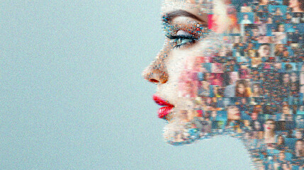 Poster - Portrait of woman with a mosaic of diverse faces illustrating unity and individuality in modern society, dna test 