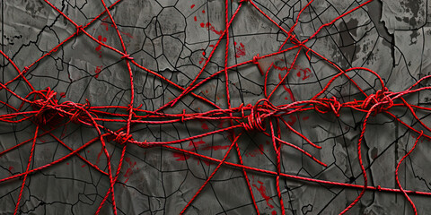 Poster - Interwoven Red Rope on Cracked Grey Surface with Red Splatters