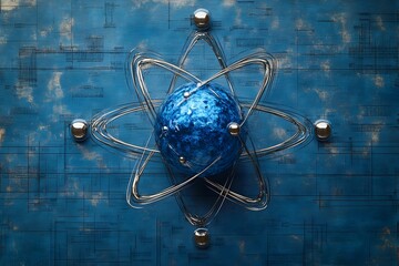 Poster - Exploded diagram of a technetium atom demonstrating its electron and critical role in groundbreaking nuclear medicine imaging techniques precisely rendered quantum states vibrant metallic sheen