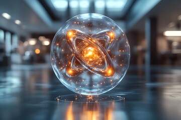 Poster - Technetium Atom Visualization Showcasing Electron Structure and Applications in Advanced Medical Imaging Technology for Cutting Edge Hospital Wing