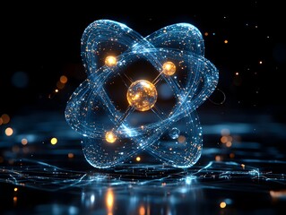 Poster - Technetium Atom 3D Representation Showcasing its Electron and Medical Imaging Applications  Transparent atomic structure with pulsing electrons PET scanner schematics subatomic particle interactions