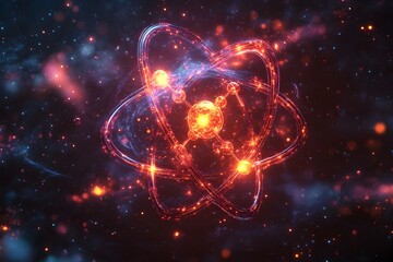 Poster - Detailed 3D representation of a technetium atom revealing its electron and use in advanced medical imaging and diagnostic scans with vibrant neon colors cinematic lighting and a laboratory setting