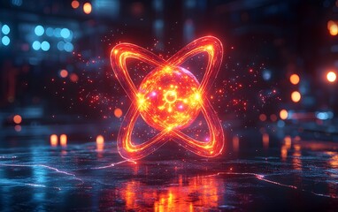Poster - Detailed 3D representation of a technetium atom revealing its electron and use in medical scans such as SPECT and PET imaging  Vibrant neon colors cinematic lighting