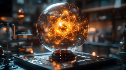 Poster - Detailed 3D Representation of a Technetium Atom Showcasing its Electron Structure and Applications in Advanced Medical Imaging and Diagnostic Devices within a Retro Futuristic Laboratory Setting