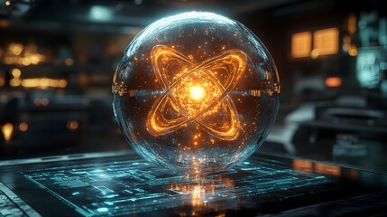 Poster - detailed 3d visualization of a technetium atom showcasing its electron structure and applications in