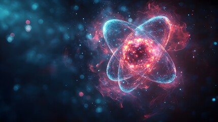 Poster - 3D model of a technetium atom emphasizing its unique electron shell arrangement and medical imaging applications  Glowing in a vibrant cyan and magenta color palette