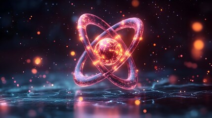 Poster - 3D Visualization of a Technetium Atom Emphasizing its Unique Electron Shell Arrangement and Potential Applications in Medical Imaging  Featuring a Glowing Cyan and Magenta Color Palette