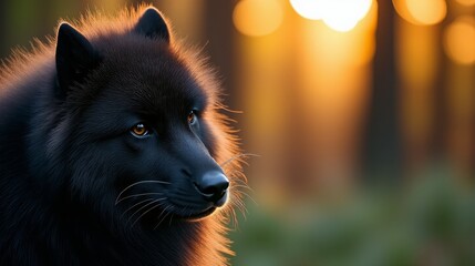 A close up of a black dog in the woods at sunset