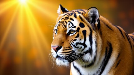 Wall Mural -  A close up of a tiger's face with the sun in the background