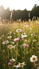 Wall Mural - Golden Hour Meadow, Summer Bloom Soft Focus Wildflowers Bathed in Warm, Dreamy Light and Bokeh