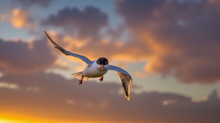 Poster - A seagull flying through the air with a sunset in the background