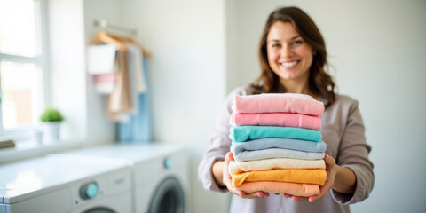 Fototapete - A happy housewife holds a stack of clean laundry in her hands