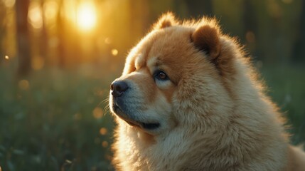 Canvas Print - A brown dog sitting in the grass with the sun setting behind it