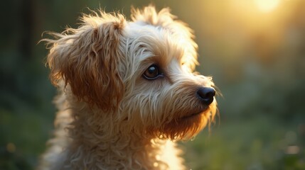 Poster - A small brown dog sitting in the grass looking at the camera