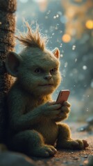 Canvas Print - A small monkey sitting next to a tree looking at a cell phone