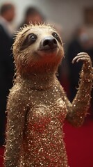 Sticker - A sloth dressed in a gold dress on a red carpet