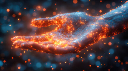 Poster - A glowing hand illuminated with orange and blue lights, symbolizing futuristic technology and energy
