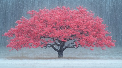 Poster - Pink tree in snowy landscape.