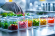 © Daniel - A technician wearing a glove carefully adds a drop of red liquid to several glass containers filled with vibrant food samples, showcasing the intricate work in a food research laboratory