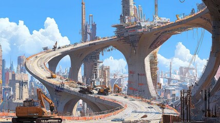 Canvas Print - Futuristic city bridge construction under clear sky.