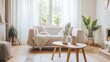 © BerkahStock - Bright living room with plants, wooden furniture.