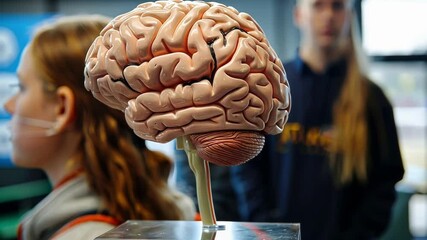 Poster - anatomical model of a human brain being the main subject with two blurred students in the background