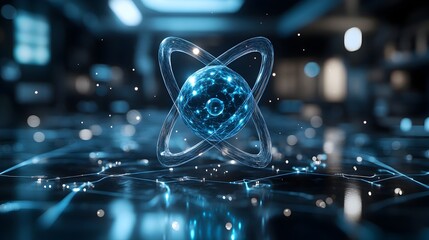 Poster - comprehensive 3d representation of a technetium atom demonstrating its electron shell structure and 
