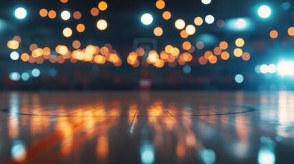 Blurred basketball court with bokeh lights.