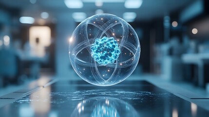 Poster - precise 3d representation of a technetium atom highlighting its electron shell structure and demonst