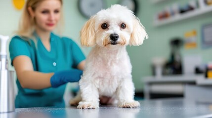 A professional veterinarian with gloves is examining a cute little dog on the exam table in a modern veterinary clinic, indicating trusted animal care services.