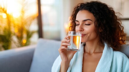 Wall Mural - A woman in a white robe is seated on a couch, savoring a refreshing beverage, as warm sunlight filters in through large windows, creating a serene and cozy atmosphere.