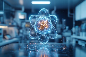 Poster - Meticulously crafted 3D representation of a technetium atom showcasing its detailed electron shell structure and radiological characteristics  The precise anatomical details restrained color palette
