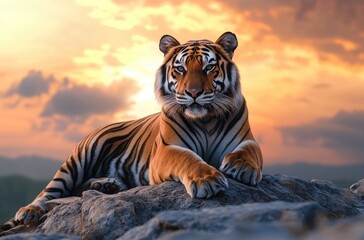 Poster - A majestic tiger sitting on rocks with a sunset sky background, looking at the camera