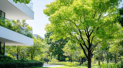 Wall Mural - Modern building nestled in lush green trees and landscaping.